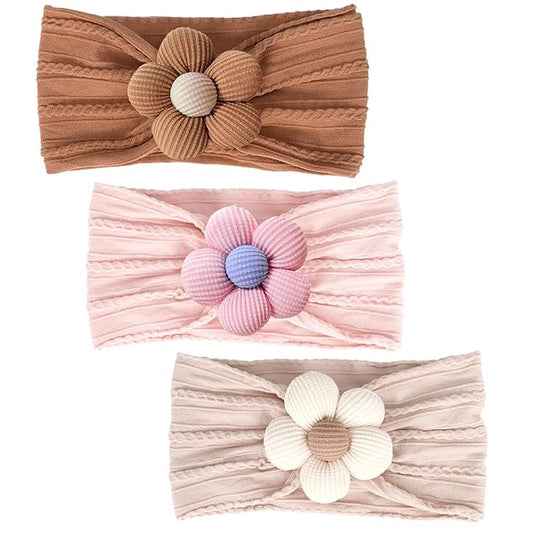 3 Pcs Baby Flower Headbands Baby Girls Nylon Headband Soft Hairbands Hair Accessories for Newborn Infant Toddler Kids (Beige,Pink,Brown)