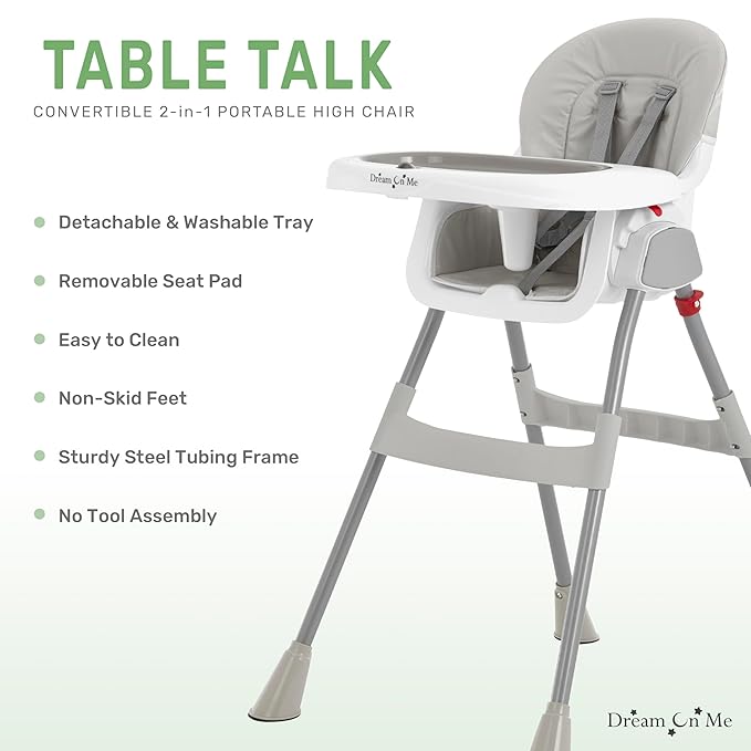 Dream On Me Portable 2-in-1 Tabletalk High Chair, Convertible Compact High Chair, Light Weight Portable Highchair, Grey