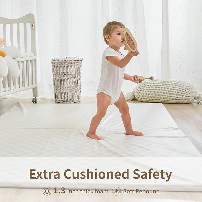 Large Vegan Leather Baby Play Mat for Floor,1.3"Thick Foam 59x82 Foldable Waterproof Kids Play Mat,Stylish and Just Wipe-Clean Playmat for Baby Play on Floor (Beige Checker)