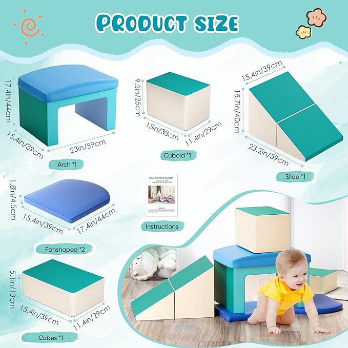 Lischwert Soft Foam Climber Play Set with Slide, Stairs, Ramp - Indoor Climbing Toys for Toddlers, 6 Pieces (Light Blue)