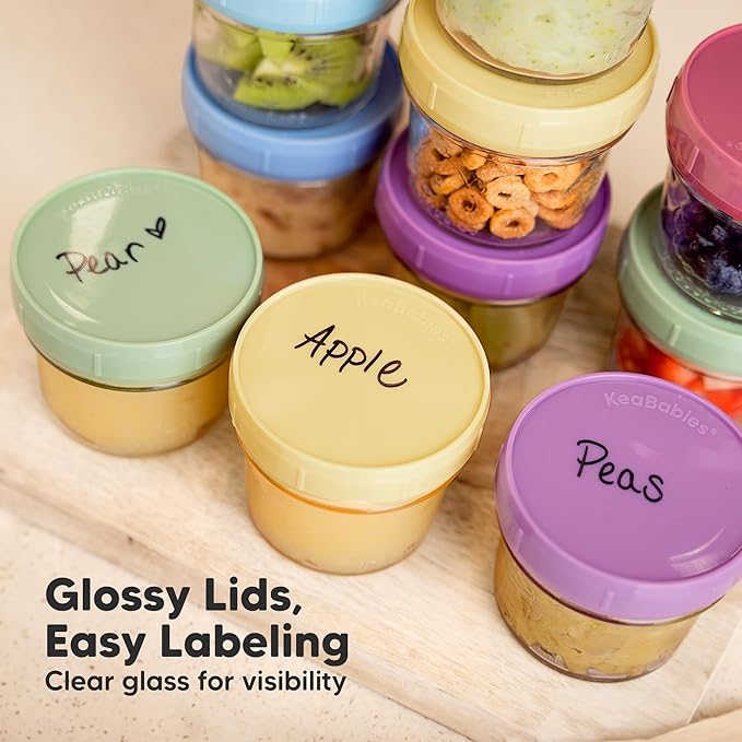 KeaBabies 12pk 4oz Glass Baby Food Containers with Lids - Leak-Proof, Microwavable Small Glass Jars, Baby Purees & Toddler Snack Storage Containers, BPA-Free, Dishwasher & Freezer Safe (Nord)