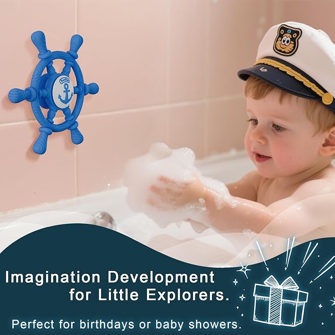 Bathtub Suction Spinner Toys - Silicone Bath & High Chair Sensory Toy for Babies & Toddlers, Novelty Spinning Top with Suction Cup, Car Window Travel Toys (Ship Steering Wheel Toy - Blue)
