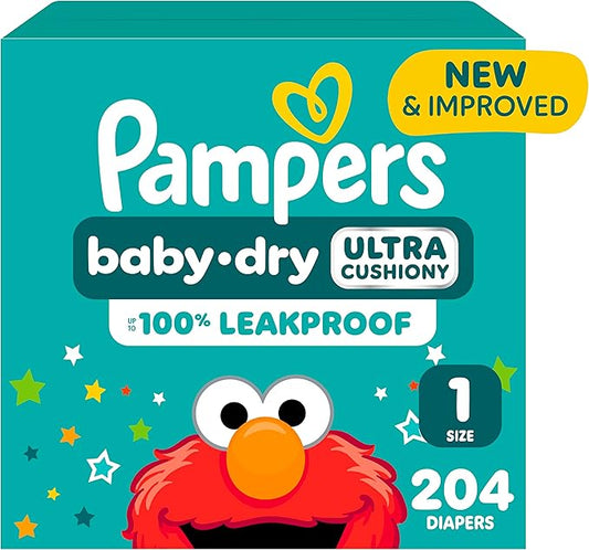 Pampers Diapers - Baby Dry - Size 1, 204 Count, Absorbent Disposable Infant Diaper (Packaging May Vary)