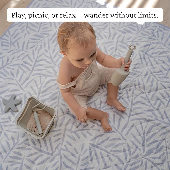 Toddlekind Pretty Practical Mat 100% Organic Cotton 47" x 47”, Reversible, Portable, Travel, Portable, Indoor/Outdoor, for Babies/Toddlers, Sandy Lines-Ocean Leaves-Stone (Grey)