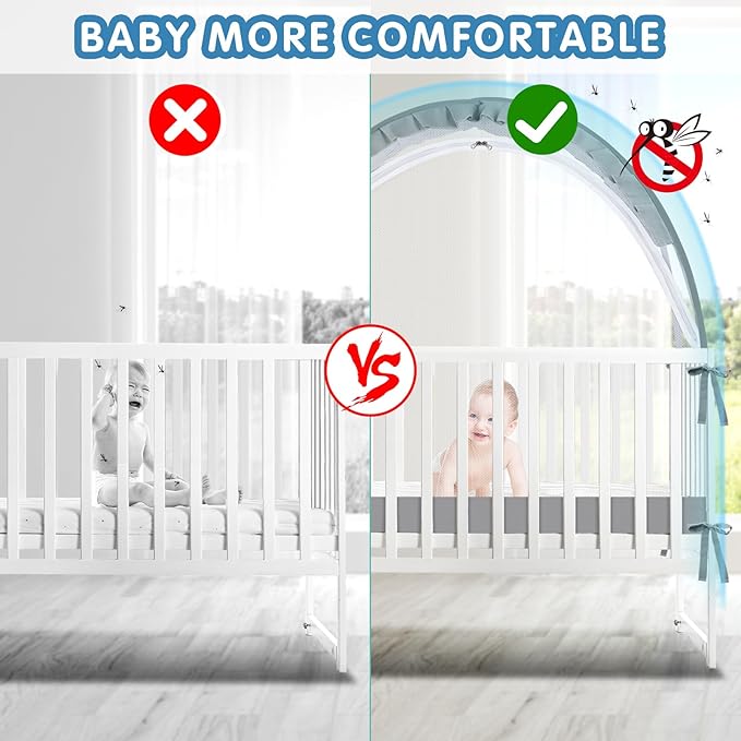 Crib Tent - Crib Net to Keep Baby in, Stop Baby from Climbing Out of Crib, Pop Up Baby Crib Tent with Double Zip Strong Rods and Breathable Net Clear Visibility Easy to Install (Grey, Large)