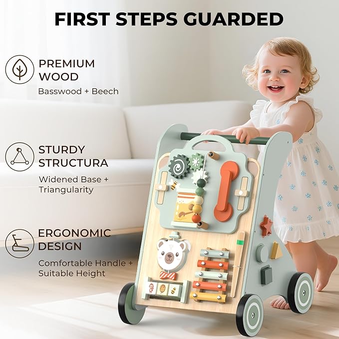 Wooden Baby Walker, Adjustable Speed Baby Push Walker for 1 Year Old, 10-in-1 Montessori Walker for Boys & Girls, Toddler Sit-to-Stand Learning Toy with Detachable Busy Board