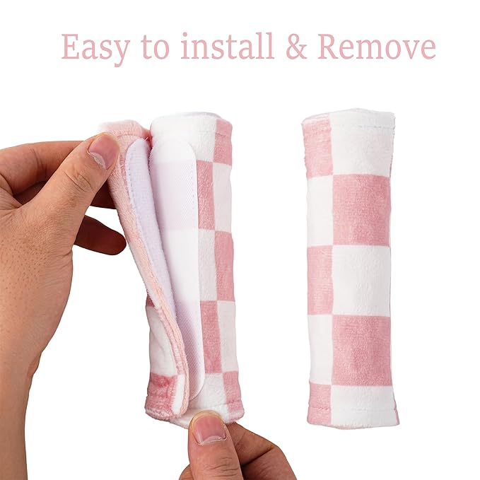 Carseat Strap Covers for Babies, Ultra Soft Double-Sided Use Shoulder Covers, 2 Pack Infant Seat Belt Covers for Car Seats/Strollers/High Chairs, for Baby Toddler Infant Boy Girl, Pink Checkered