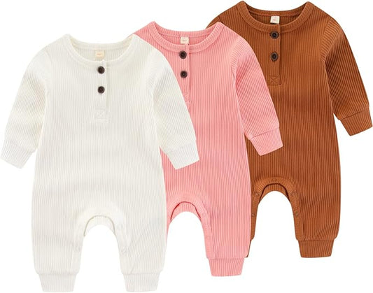 Newborn Baby Boys Girls One Piece Romper With Mitten Cuffs 3 Pack Long Sleeve Ribbed Button Jumpsuit Outfit Clothes