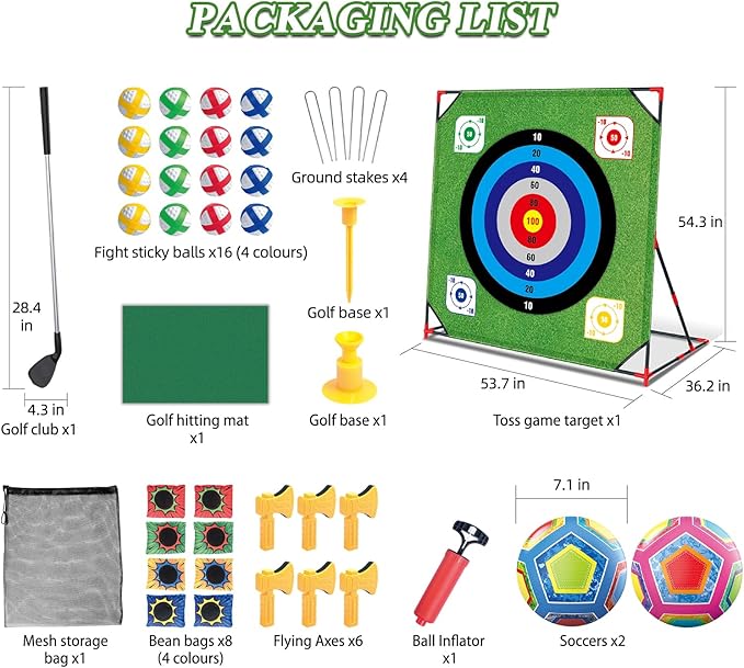 Mostop Golf Chipping Game with Stand - Golf Target Battle Game with Putting Mat, 12 Sticky Balls, 6 Axes, 2 Soccer Balls, 8 Bean Bags, Outdoor Golf Yard Game for Chipping Practice for Dads Golfers