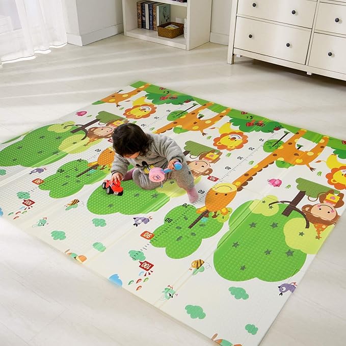 Bammax X-Large Waterproof Foam Padded Baby Play Mat | 1 cm thick Safe Foam Reversible & Foldable | 70" x 78" | Use as Baby Crawling Mat or Kids Play Mat for Floor - Giraffe & Mixed Animals