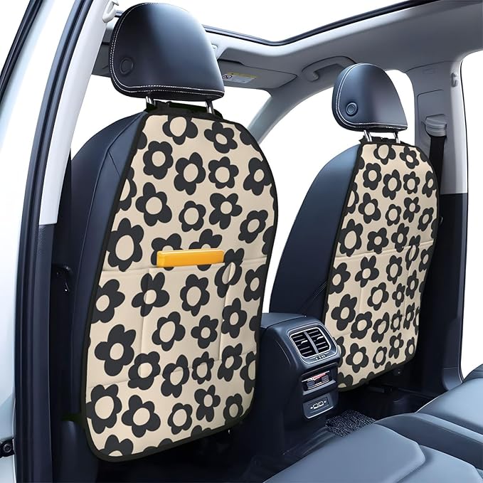 Vintage Groovy Flowers Car Kick Mats Back Seat Protector 2 Pack Auto Seat Back Covers with 3 Organizer Travel Accessories Universal Vehicle Interior from Dirt, Mud
