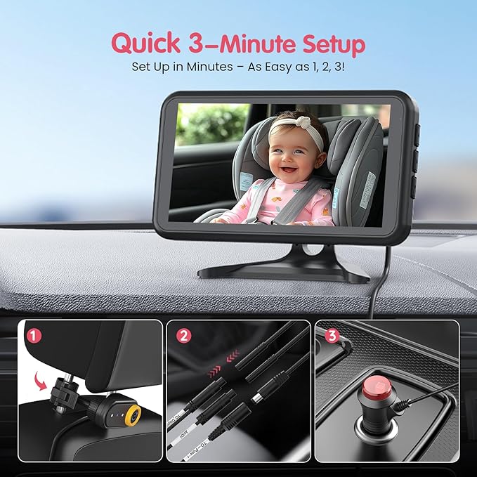 BM2A Baby Car Camera, Night Vision & 5.2" 1080P Display for Rear-Facing Car Seats, Easy No-Damage Install, Patented Anti-Shake Mount – Ideal for Parents and Pet Owners