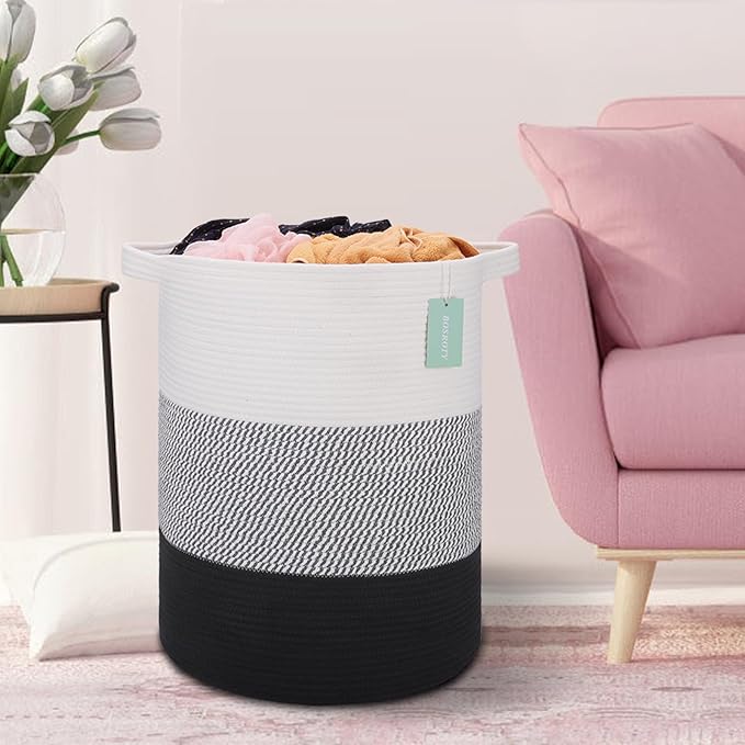 ﻿BOSROTY Large Laundry Hamper for Girls Boys Kids 72L, Nursery Hamper, Tall Laundry Basket, Cotton Rope Woven Blanket Basket for Storage Toys Clothes Towels, 16”x 22”, White & Gray & Black