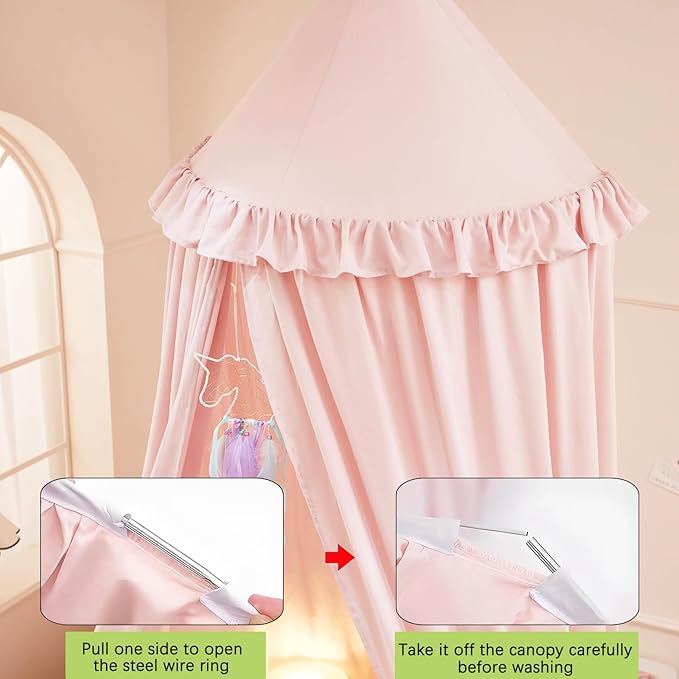Akiky Kids Bed Canopy for Crib & Twin Size with Ruffles Dreamcatcher, Princess Girls Nursery Room Decor Toddler Baby Dome Round Hanging Tent Curtains Skirt Over Bed Reading Nook Play Tents Pink