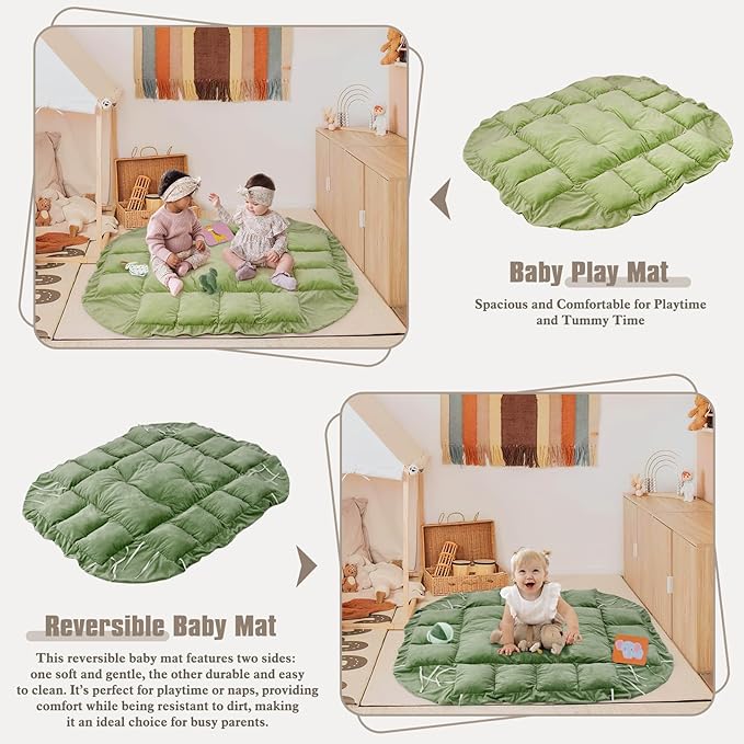 5-in-1 Plush Baby Play Gym, Baby Play Mats, Convertible Baby Gym with Pillow, Tummy time mat, 6 Sensory Toys, Baby Activity Center from Newborn to Toddler, Pet Bed, Cat & Dog Bed, Ball Pit, Green