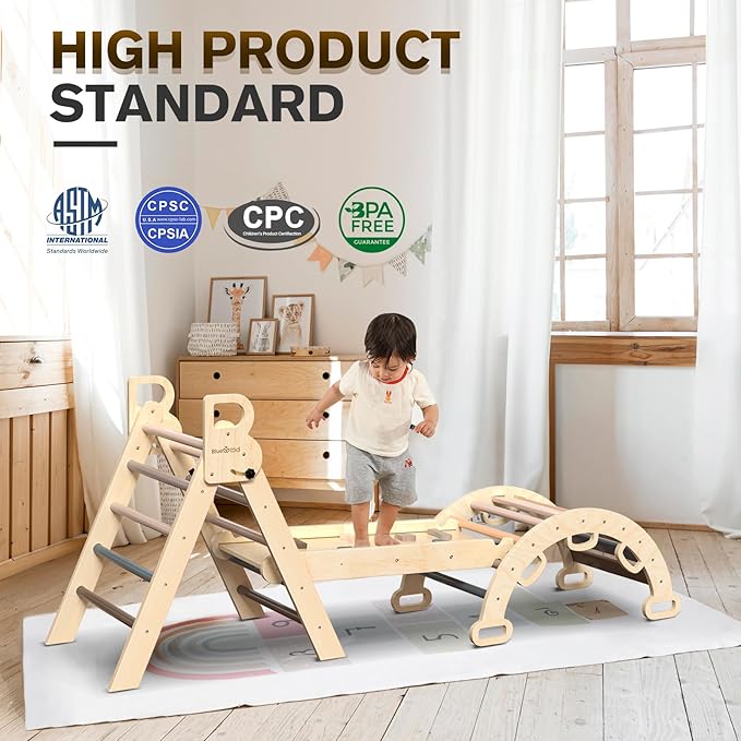 BlueWood Pikler Triangle Set 7in1 Foldable Baby Climbing Toys Wooden Montessori Climbing Set with Arch&Ramp&Ladder Baby Climber Indoor Jungle Gyms for Toddlers Montessori Toys - Mauve Pink