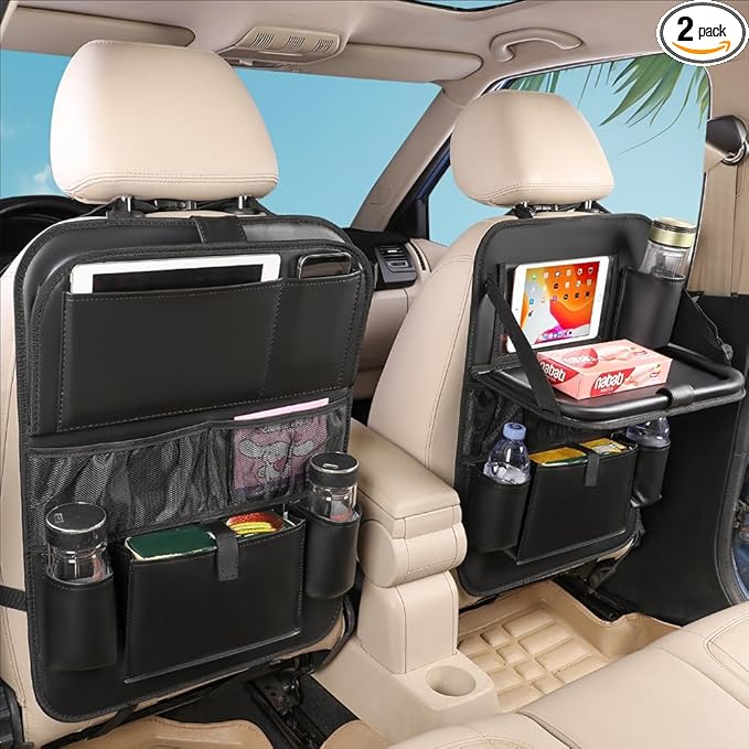 2PACK Leather Car Backseat Organizer with Tablet Holder - 9 Large Storage Pockets, Foldable Food Tray & Anti-Scratch Kick Mats - Universal Car Seat Protector for Kids, Pets & Travel Accessories