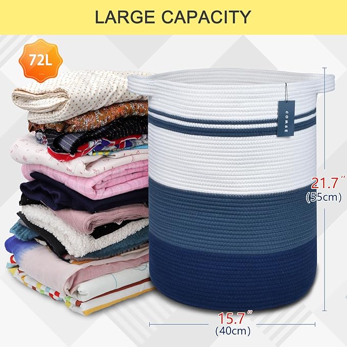 COMSE Extra Large Blanket Basket, Tall Laundry Basket, Nursery Hamper, 15.7”x 21.7”, Cotton Rope Woven Laundry Hamper for Storage Toys Clothes Towels, Gradient Blue