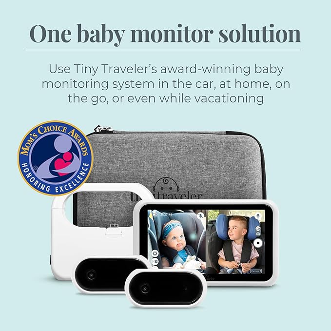 Tiny Traveler Baby Car Camera for 2 Kids, 5” Touch Screen Baby Car Monitor with Power Bank, No WiFi Baby Camera – Rear-Facing Car Seat Monitor Night Vision Baby Reminder Alert - White