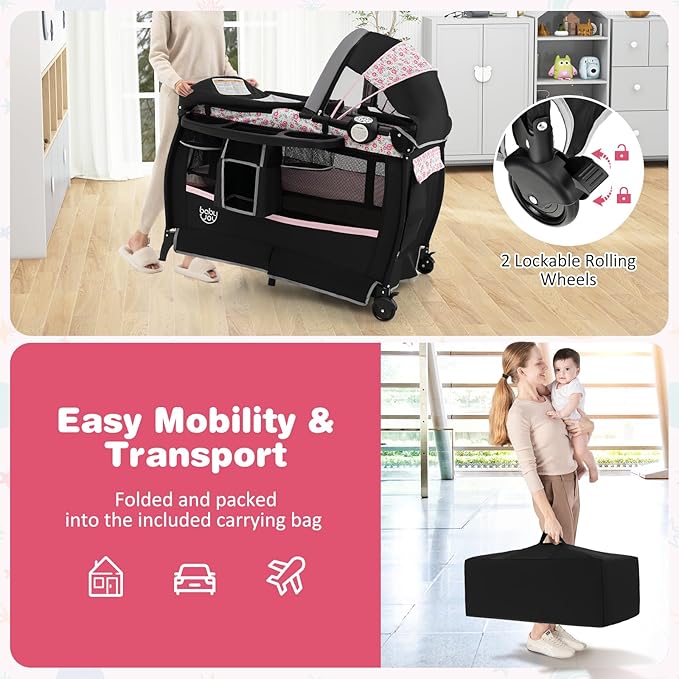 BABY JOY 4 in 1 Pack and Play, Portable Baby Playard with Bassinet & Flip-Away Changing Table, Canopy, Infant Bassinet with Storage Basket, Oxford Bag from Newborn to Toddlers (Pink Flower)