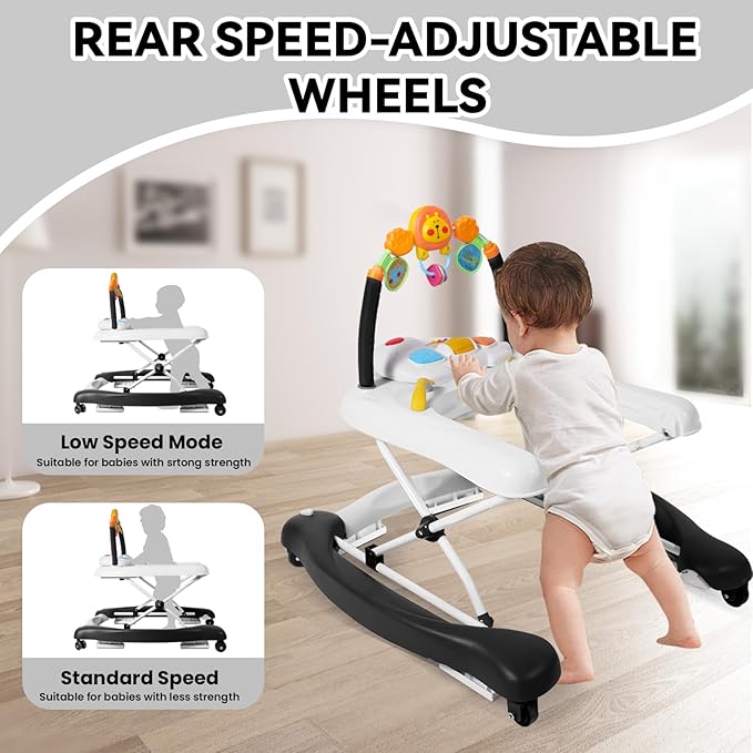 Baby Walker, 5 in 1 Baby Walkers for Boys Girls 6-12 Months, Foldable Walkers for Babies with Bouncer & Feeding Tray, Music, Adjustable Heights, Activity Walker for Infant