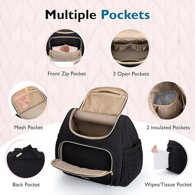 mommore Diaper Bag Small Diaper Backpack Stylish Baby Travel Backpacks with Insulated Pockets, Changing Pad, Stroller Straps