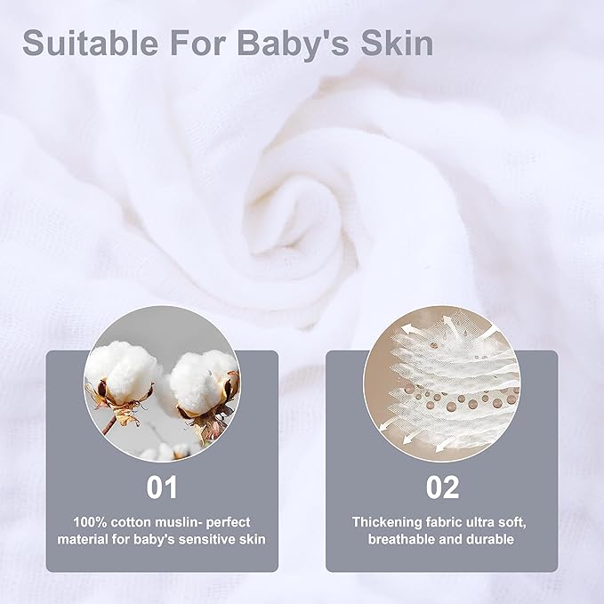 SWEET DOLPHIN 12 Pack Baby Muslin Washcloths - Soft Face Cloths for Newborn, Absorbent Bath Wash Cloths, Wipes, Burp Rag - Toddlers Essentials Stuff, Baby Registry as Shower -10"x10", White