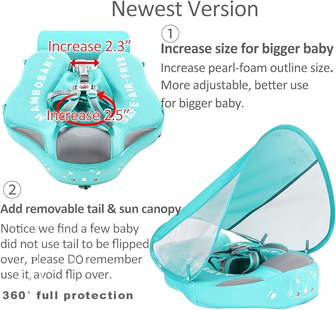 Mambobaby Float with Canopy and Tail New Upgraded Non-Inflatable Baby Pool Float Mambo Float Swim Trainer Solid Infant Swim Float Adjustable Pearl Foam Baby Swim Ring