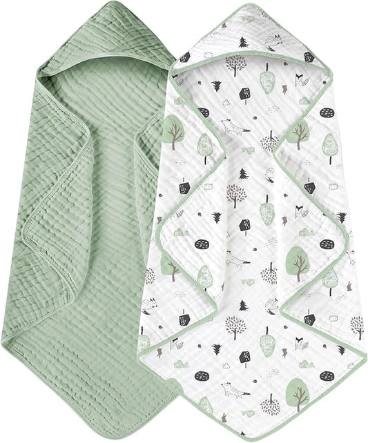 Yoofoss Hooded Baby Towels for Newborn 2 Pack 100% Muslin Organic Cotton Baby Bath Towel with Hood for Babies, Infant, Toddler and Kids, 32x32Inch, Soft and Absorbent Newborn Essential,Forest