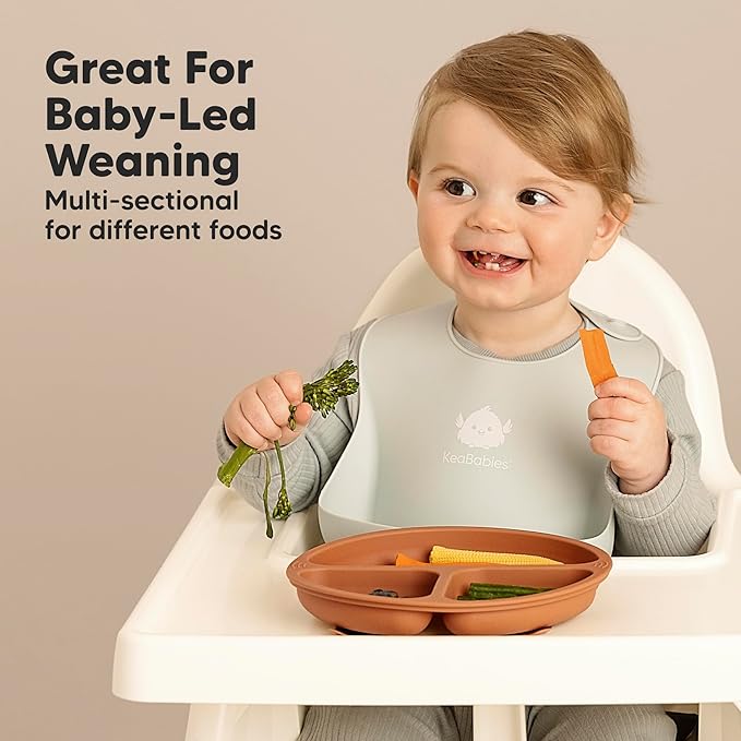 KeaBabies Suction Plates with Lids for Baby - 3-Pack 100% Silicone Toddler Plates with Suction, Divided, BPA-Free Baby Led Weaning Essentials for Kids, Dishwasher, Microwave Safe, Durable (Quantum)