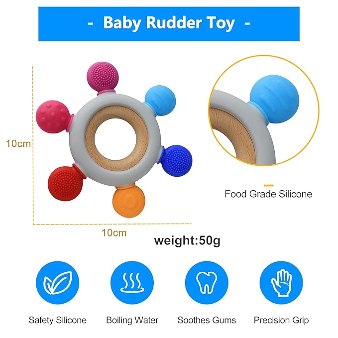 Baby Teething Toys Silicone Teethers BPA Free Silicone Rudder with Wooden Ring Soothe Babies Gums (Ocean)