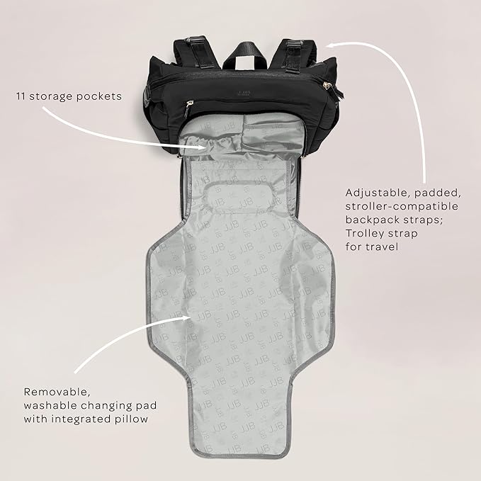 JJB by JuJuBe Modern Diaper Bag Backpack with Portable Changing Pad, Stroller Straps, Large Travel Backpack for Boy or Girl, Carrying Baby Bottles, Wipes, Diapers, Pacifiers, Black, Mother's Day Gift