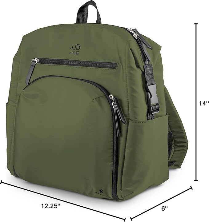 JJB by JuJuBe Modern Diaper Bag Backpack with Portable Changing Pad, Stroller Straps, Large Travel Backpack for Boy or Girl, Carrying Baby Bottles, Wipes, Diapers, Pacifiers, Olive, Mother's Day Gift