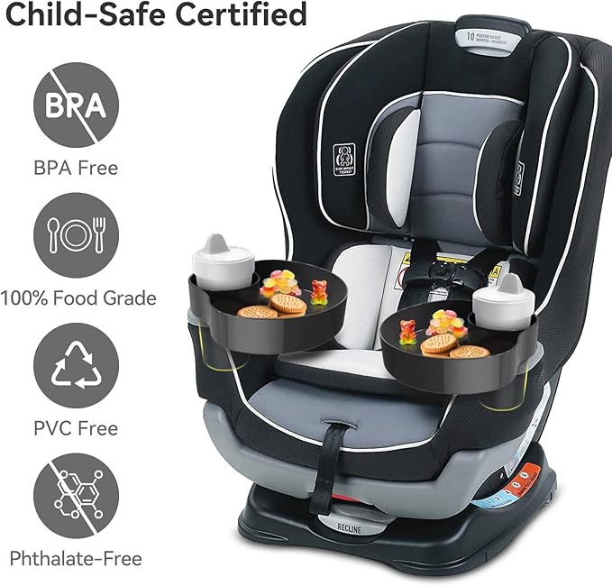 [2 Pack] Car Seat Cup Holder Snack Tray Black, Toddler Travel & Road Trip Essentials Accessory for Mess-Free Snacking in The Car,Travel Tray for Kids Car Seat