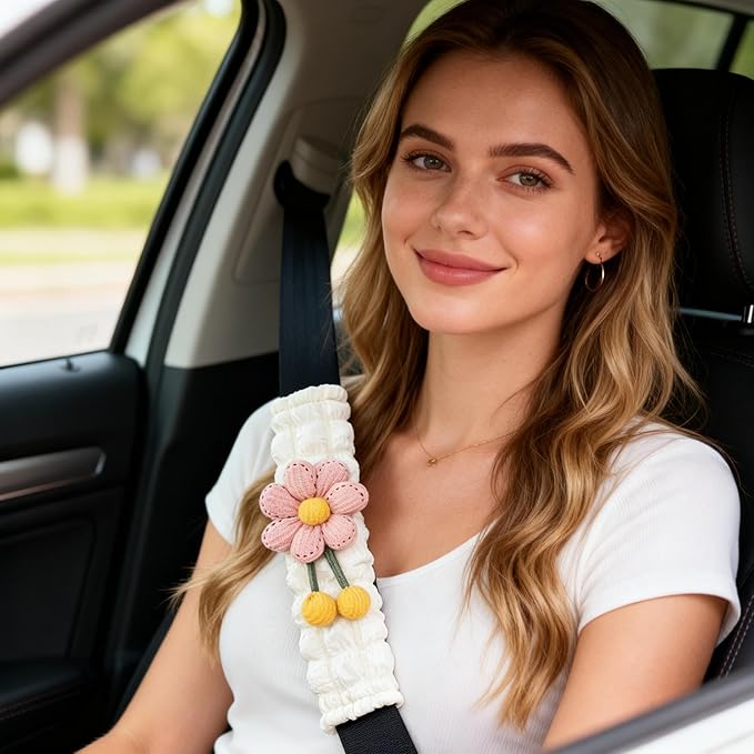 Cute Flower Seat Belt Cover Pads, 2 Pcs & 4 Pcs Seatbelt Covers for Women Adults, Car Seat Strap Pads, Seatbelt Cushion (Pink,4)