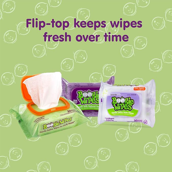 Saline Nose Wipes by Boogie, for Baby & Kids, Face, Hand & Body, FSA/HSA Eligible, Made with Vitamin E, Aloe, and Natural Saline, Grape Scent, 30 Count (Pack of 12)