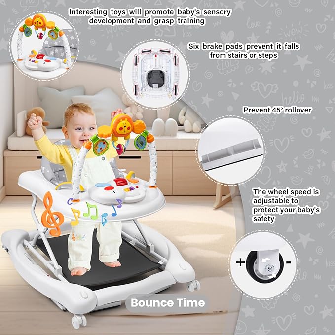 Baby Walker, 5 in 1 Baby Walkers for Boys Girls 6-12 Months, Foldable Walkers for Babies with Bouncer & Feeding Tray, Music, Adjustable Heights, Activity Walker for Infant
