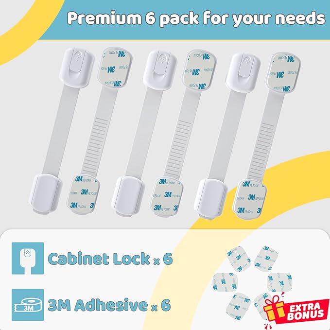 4our Kiddies Child Safety Cabinet Locks for Babies (6 Pack), Child Proof Latches for Cabinets and Drawers Doors, Baby Proofing Cabinet Strap Locks for Cupboard and Closet with 6 Pcs Extra 3M Adhesives