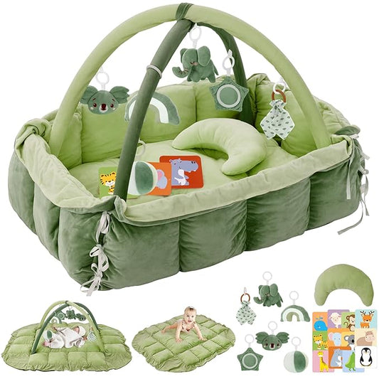 5-in-1 Plush Baby Play Gym, Baby Play Mats, Convertible Baby Gym with Pillow, Tummy time mat, 6 Sensory Toys, Baby Activity Center from Newborn to Toddler, Pet Bed, Cat & Dog Bed, Ball Pit, Green
