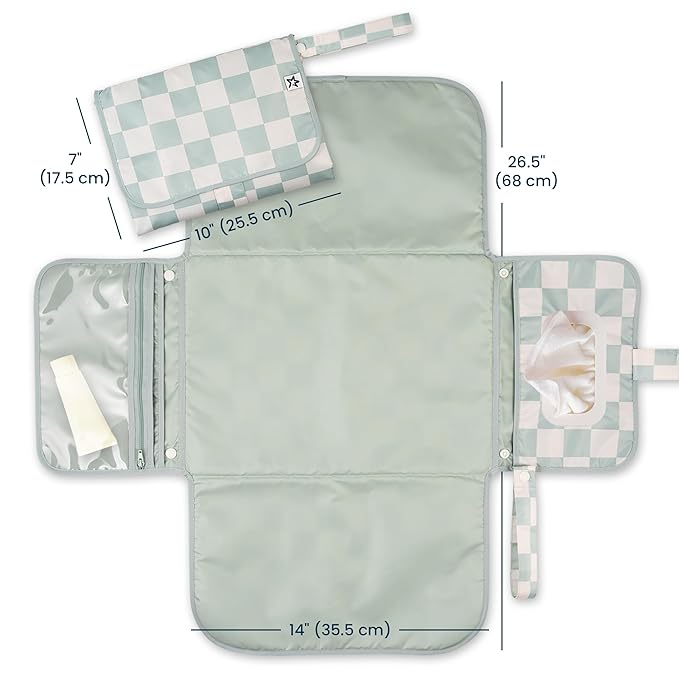 Tiny Twinkle Portable Diaper Changing Pad – Foldable, Waterproof & Compact Travel Changing Mat with Storage | Smart Wipes Pocket for On-The-Go Parents(Sage Checkers)