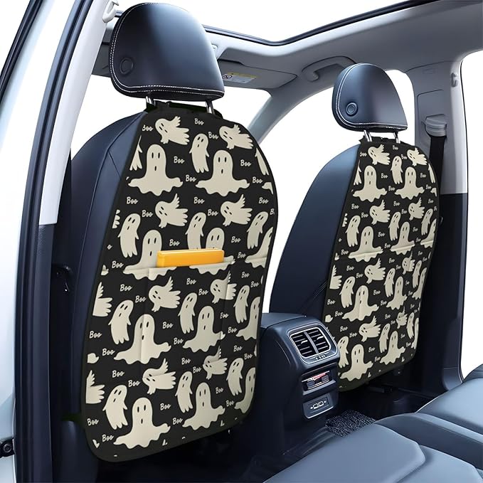 Ghost Pattern Car Kick Mats Back Seat Protector 2 Pack Auto Seat Back Covers with 3 Organizer Travel Accessories Universal Vehicle Interior from Dirt, Mud