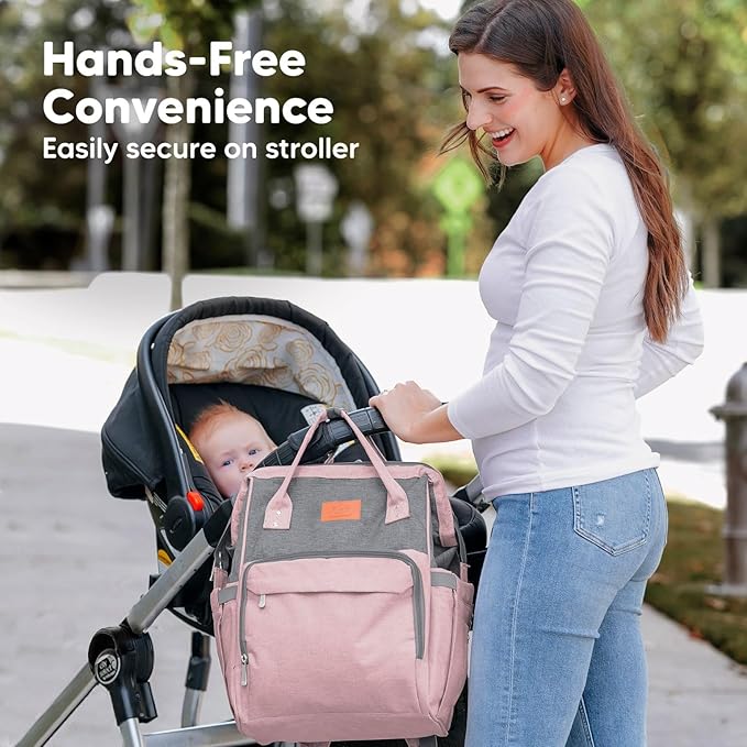 KeaBabies Baby Diaper Bag Backpack - Large Baby Bag for Boys, Girls, Waterproof Multi Function Travel Diaper Backpack with Changing Pad, Durable Travel Essentials for Moms and Dads (Pink Gray)