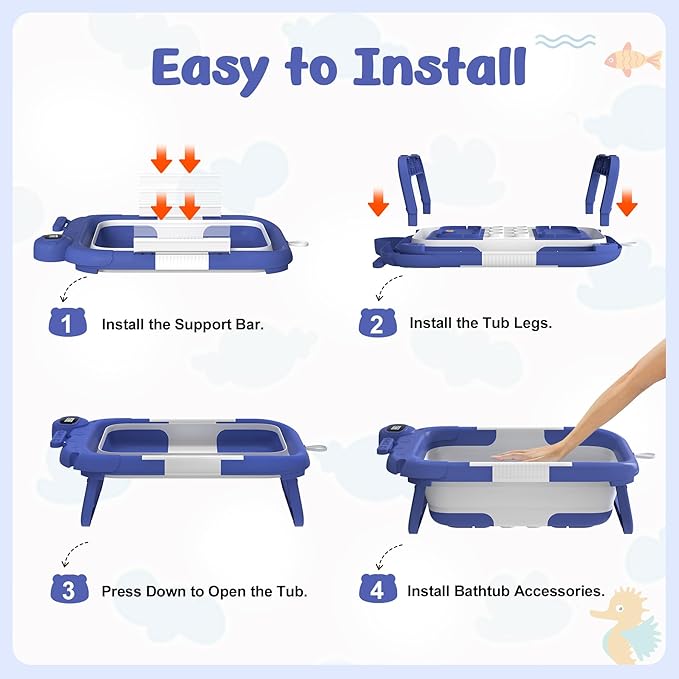 Collapsible Baby Bathtub for Newborn,Baby Tub with Soft Floating Cushion & Thermometer for Infant to Toddler,Portable Travel Bathtub with No-Slip Feet for 0-36 Months-Blue