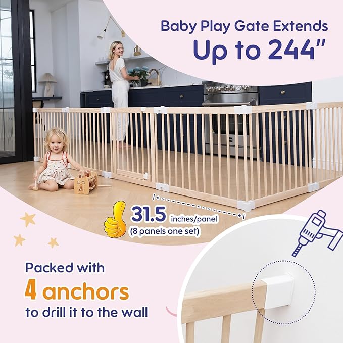 Foldable Wooden Baby Playpen Large Play Yard for Babies and Toddlers, 2 in 1 Portable Fence Custom 25" Tall Wood Gate with Adjustable Size & Shape for Infants 3-12 Months -63x63x25 inch