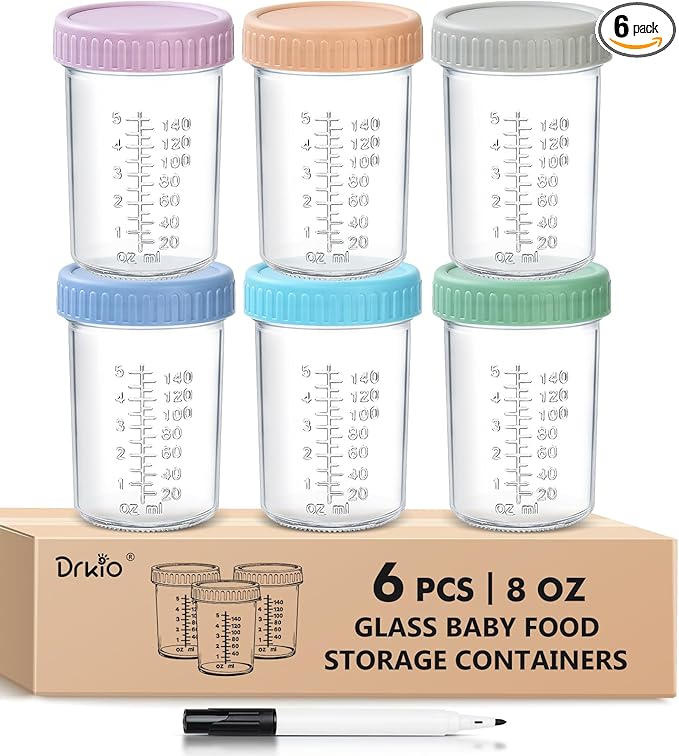 DRKIO 6 Pack Glass Baby Food Storage Containers - 8 Oz Baby Food Jars with Lids Baby Food Maker Microwave Dishwasher Freezer Safe 100% Leak Proof BPA Free Reusable