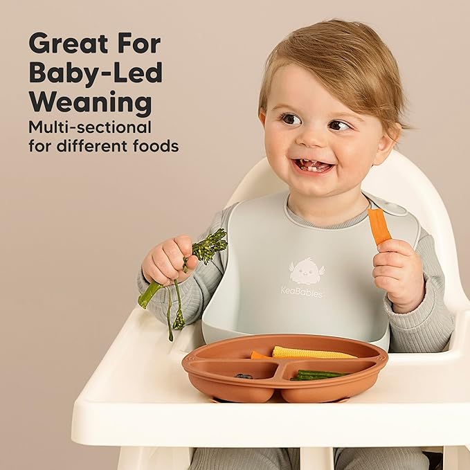 KeaBabies Suction Plates with Lids for Baby - 3-Pack 100% Silicone Toddler Plates with Suction, Divided, BPA-Free Baby Led Weaning Essentials for Kids, Dishwasher, Microwave Safe, Durable (Burgundy)