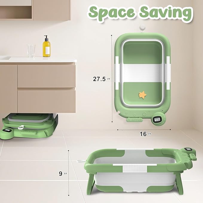 Collapsible Baby Bathtub for Newborn,Baby Tub with Soft Floating Cushion & Thermometer for Infant to Toddler, Portable Travel Bathtub with No-Slip Feet for 0-36 Months-Green