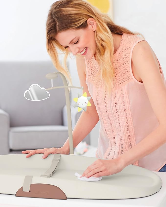 Skip Hop Baby Changing Pad Nursery Style Wipe-Clean Contoured with Cushioned Foam, Non-Skid Base, Built-in Safety Belt & Tuck-Away Toy Bar, Oat