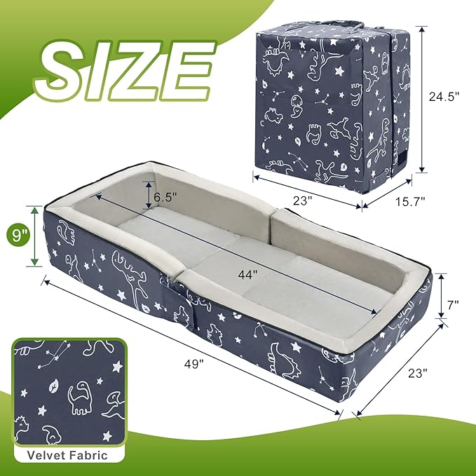 Toddler Travel Bed, Portable Kids Floor Bed for Sleeping with Foam Mattres, Washable Toddler Cot for Kids Aged 1-4, Velvet Fabric