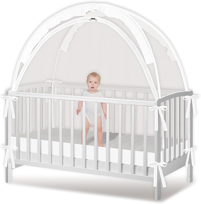 Crib Tent - Crib Net to Keep Baby in, Stop Baby from Climbing Out of Crib, Pop Up Baby Crib Tent with Double Zip Strong Rods and Breathable Net Clear Visibility Easy to Install (White, Large)